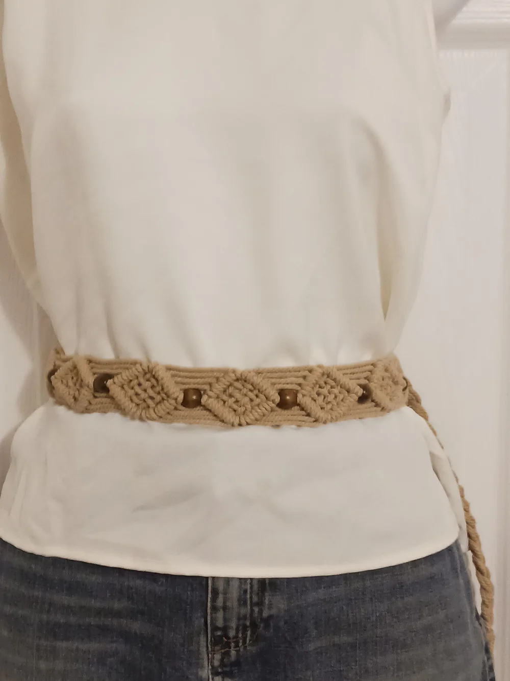 Neutral Braided Rope Waist Belt in Tan With Wood Bead Accent 52